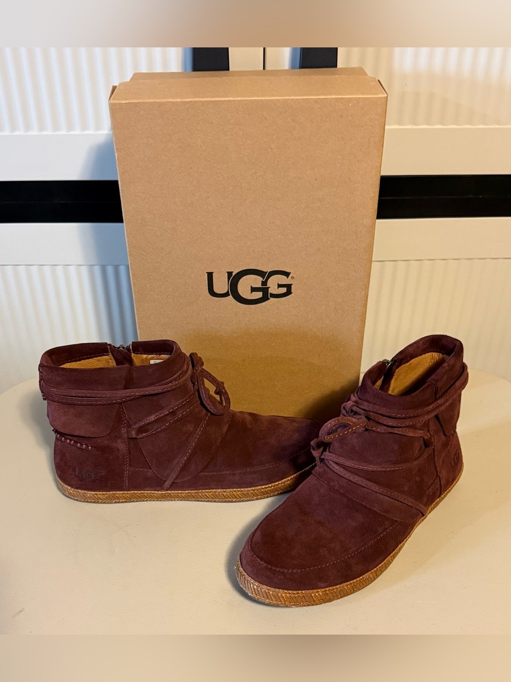 UGG “Reid” Burgundy Suede Ankle/Moccasin Ankle Boots Side Zipper Everyday Wear!